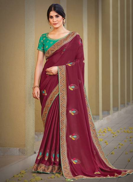 Maroon Colour Latest Wedding Wear Silk Georgette Embroidered Saree Collection 41715